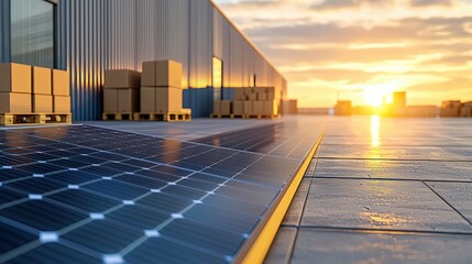 Fototapeta premium A modern warehouse scene at sunset featuring solar panels, storage boxes, and vibrant colors reflecting off the surfaces.