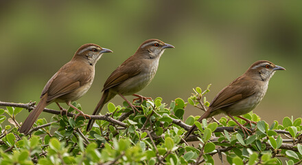 Jungle babbler trio perched on verdant branches in their natural habitat