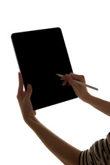 Person using stylus on tablet with dark screen isolated on white background. Ads of gadgets,...