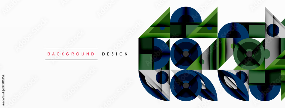 Poster Geometric abstract composition with intersecting shapes, circles, triangles, and gradients, blending vibrant colors and dynamic contrasts to create a modern, futuristic visual design