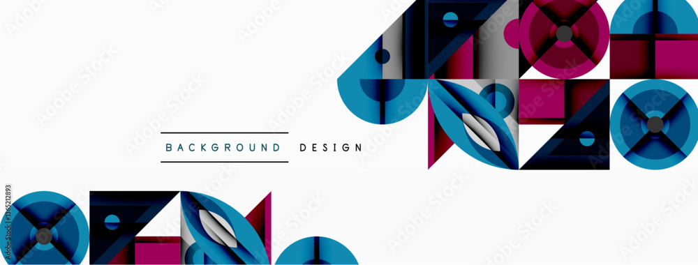 Aufkleber Geometric abstract composition with intersecting shapes, circles, triangles, and gradients, blending vibrant colors and dynamic contrasts to create a modern, futuristic visual design