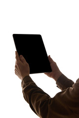 Person holding modern tablet with blank black screen isolated on white background. App interfaces, website design, digital publications, gaming, presentations, tablet device ads. Mockup