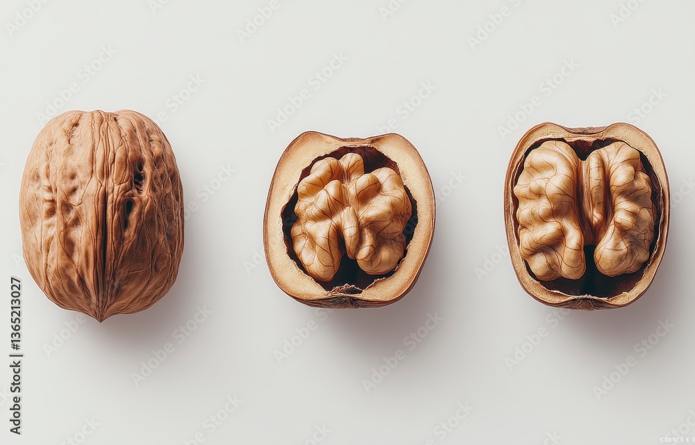 Poster three walnuts whole halved kernels on white tabletop background in studio shot displaying natural br