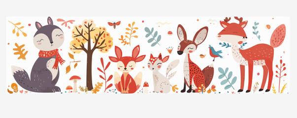 Whimsical woodland creatures in autumn forest scene.
