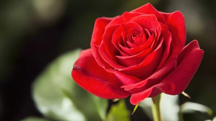 A close-up of a single red rose with dark, blurred background.