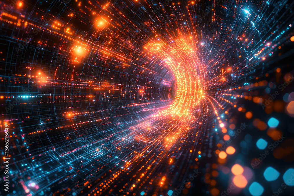 Aufkleber a swirling tunnel of vibrant orange and blue digital data streams, representing the flow of informat