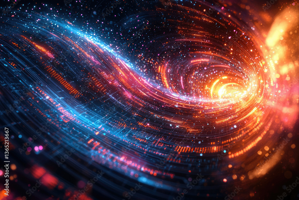 Poster abstract swirling vortex of vibrant blue and orange digital data streams, creating a mesmerizing fut