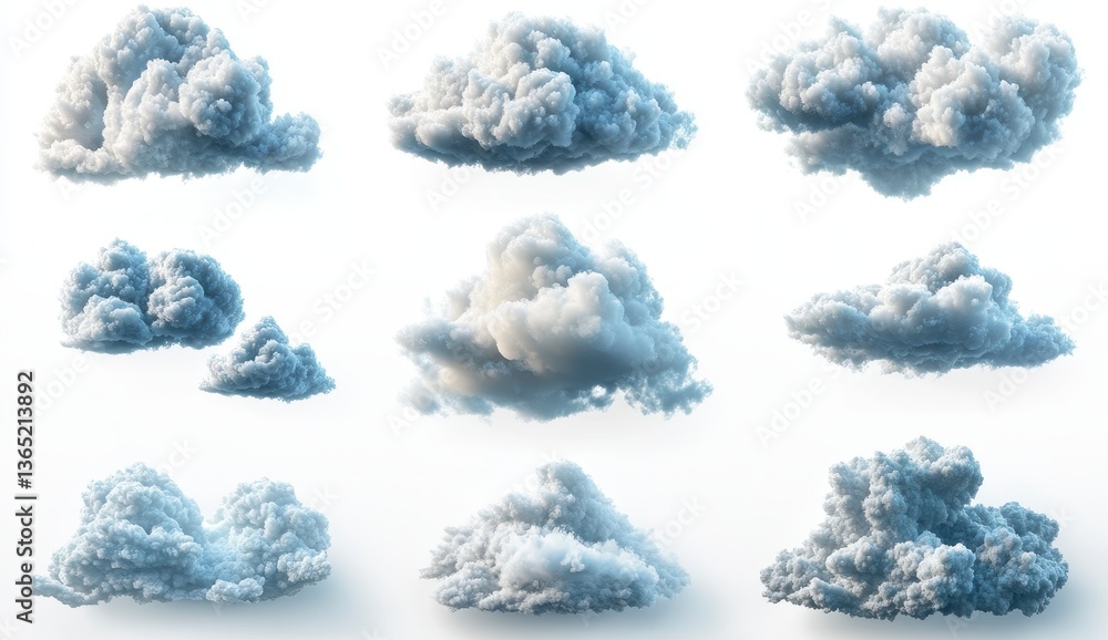 Poster collection of white fluffy clouds on white background rendering of weather element isolated cloudsca