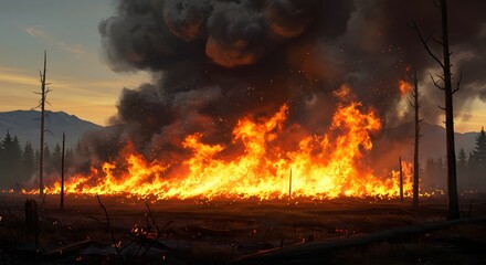 Inferno landscape, Devastating wildfire burning fiercely across the land