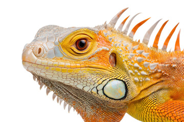 Fototapeta premium Close-up of vibrant orange and yellow iguana with spiky scales, cut out