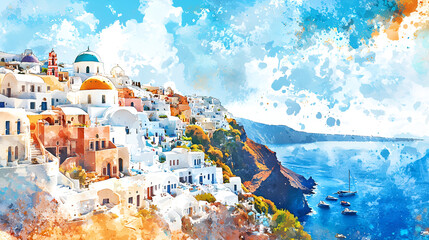 Obraz premium Dreamy Watercolor Santorini Village at Golden Hour