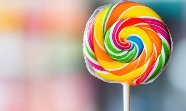 A vibrant spiral lollipop captivates with its rainbow of colors, creating a cheerful, sweet scene.
