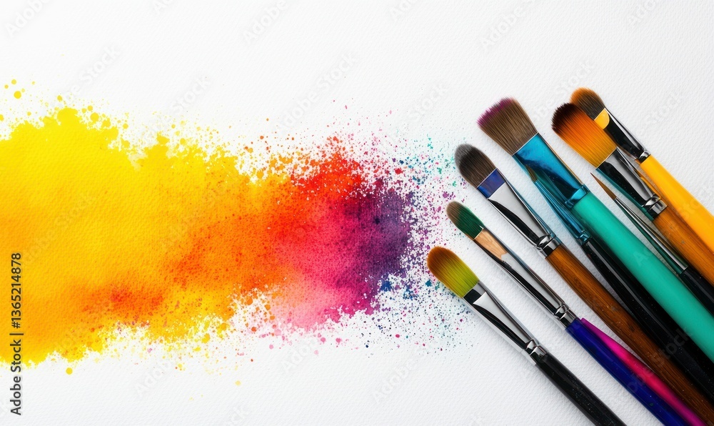 Aufkleber a colorful array of paintbrushes beside a vibrant explosion of pigment on a textured surface.