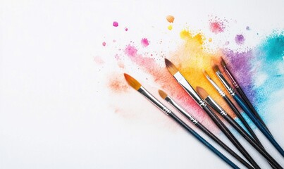 Obraz premium Vibrant watercolor splashes adorn paper alongside artist paintbrushes, creating an inspiring creative scene.
