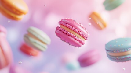Obraz premium A collection of colorful macarons floating weightlessly in mid-air, surrounded by a softly blurred dreamy background.
