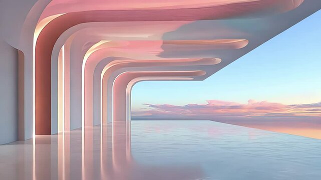 A breathtaking architectural space features soft curves and gentle colors that complement the tranquil water below. The sunset paints the sky in hues of pink and blue, creating a peaceful atmosphere.