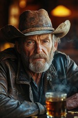Rugged cowboy contemplation in rustic pub setting with whiskey glass