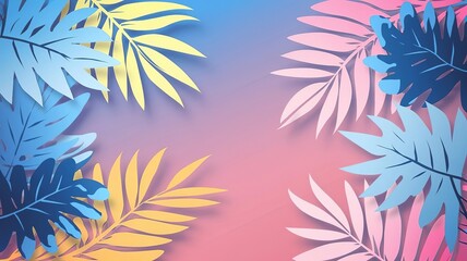 Abstract summer background with palm leaves in a blue and yellow gradient on a pastel purple background