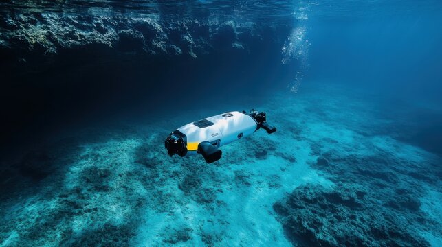 An AI powered autonomous underwater vehicle, drones mapping the ocean floor and collecting geological data, Marine tech style