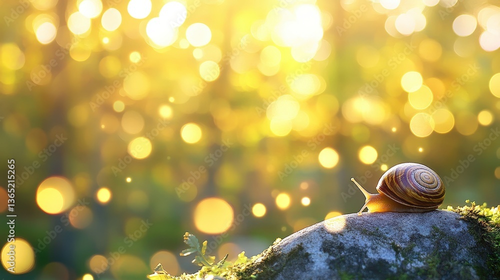 Aufkleber a serene scene featuring a snail on a rock, surrounded by a soft, glowing background of sunlight and