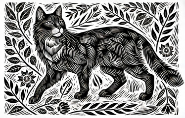 Black and white folk art cat woodcut with detailed floral background illustration