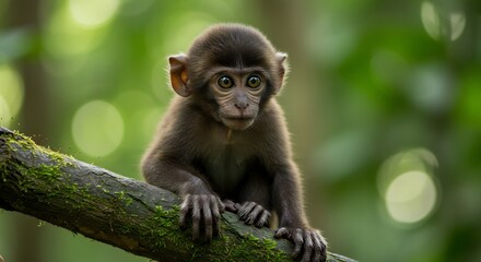 Obraz premium Adorable baby monkey perched on mossy branch soft sunlight filters through lush green leaves. AI Generated
