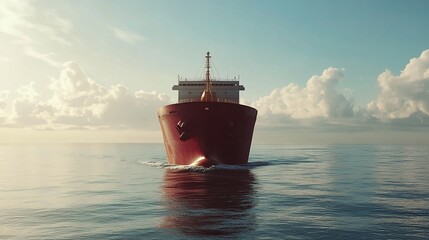 Red cargo ship sailing on calm ocean at sunset.
