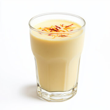 refreshing glass of badam milk, rich almond flavored Indian drink, garnished with saffron strands, perfect for any occasion