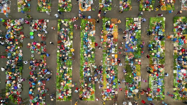 Top down view of colorful traditional farmers market in rural Vietnam