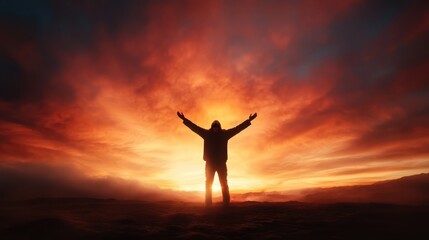 A figure stands with outstretched arms, embracing the powerful hues of a dramatic sunset, representing liberation, connection, and the beauty of life's fleeting moments.