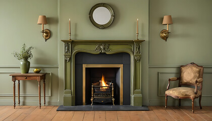 Elegant Fireplace Setting with Antique Chair and Wall Sconces