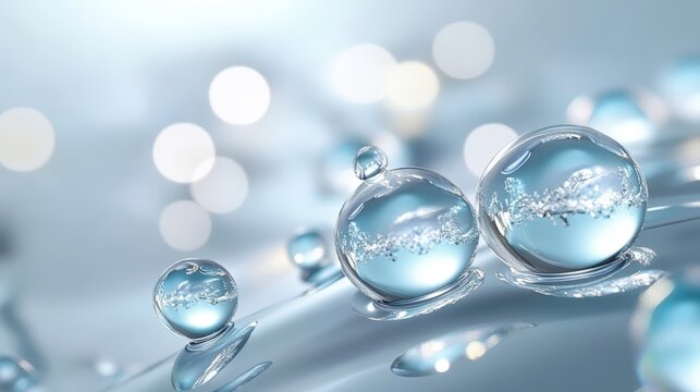 water drops and bubbles, molecules organic compounds blue background,Collagen Skin Serum and Vitamin , bubbles in water, playful and vibrant, for beauty skin care cosmetics, spa products,banner