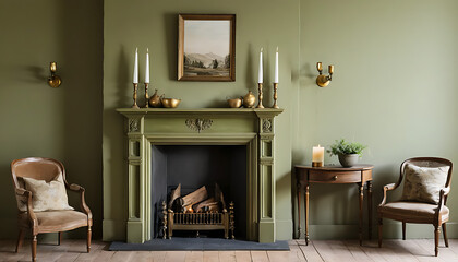Elegant Living Room with Green Walls Fireplace and Vintage Decor