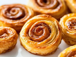 Delicious, sweet and buttery swirling pastry with a golden crust and intricate swirl on top, resting among other pastries on a clean white surface.
