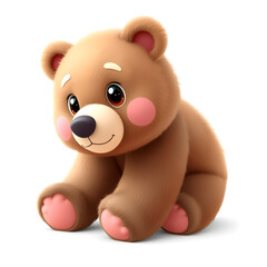 Obraz premium Grizzly Bear – 3D baby grizzly bear, fluffy round paws, soft thick fur, big cute eyes, pastel brown and pink tones, white background Generative AI