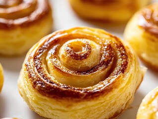 Fototapeta premium Delicious, sweet and buttery swirling pastry with a golden crust and intricate swirl on top, resting among other pastries on a clean white surface.
