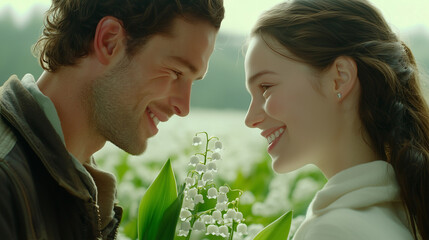 Young couple with lily of the valley looking at each other with love in their eyes, beautiful lady and handsome man kissing in spring, atmosphere of happiness, affection, groom and bride wedding