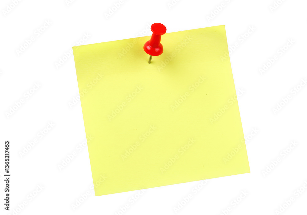 Poster a yellow sticky note attached to a surface with a red push pin at the top isolated on transparent ba