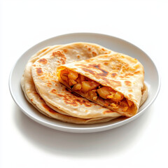 Delicious stuffed paratha, Indian flatbread filled with spiced potatoes, served on white plate, perfect for comforting meal