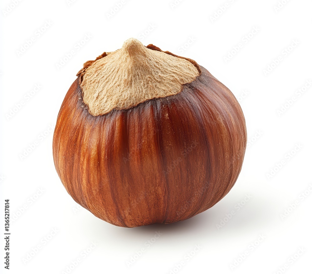 Aufkleber close up of a single hazelnut with brown shell and textured cap on white background