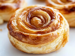 Fototapeta premium Delicious, sweet and buttery swirling pastry with a golden crust and intricate swirl on top, resting among other pastries on a clean white surface.