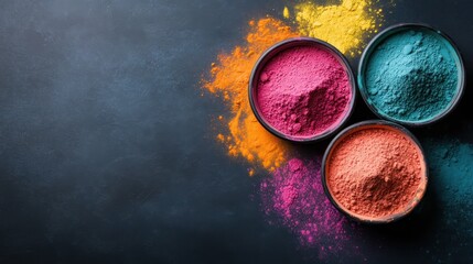 Three containers filled with vibrant Holi powders in bright colors are artistically arranged, showcasing the festive essence and joy associated with the traditional Indian festival.