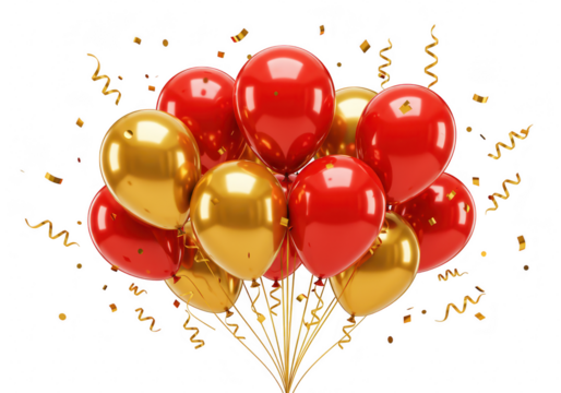 A festive cluster of red and gold helium balloons tied together with thin golden ribbons isolated on transparent background