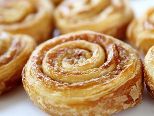 Delicious, sweet and buttery swirling pastry with a golden crust and intricate swirl on top, resting among other pastries on a clean white surface.