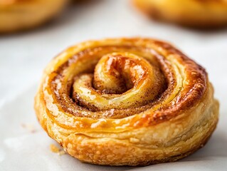 Fototapeta premium Delicious, sweet and buttery swirling pastry with a golden crust and intricate swirl on top, resting among other pastries on a clean white surface.