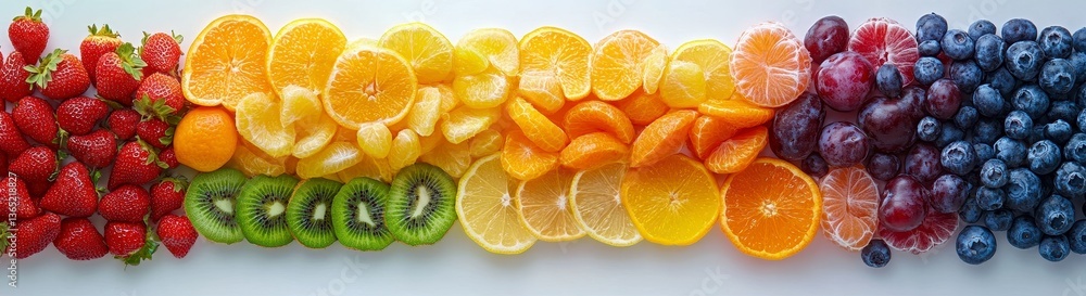 Poster colorful fruits array featuring strawberries oranges kiwi lemons and blueberries neatly arranged on 