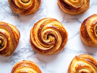 Fototapeta premium Delicious, sweet and buttery swirling pastry with a golden crust and intricate swirl on top, resting among other pastries on a clean white surface.