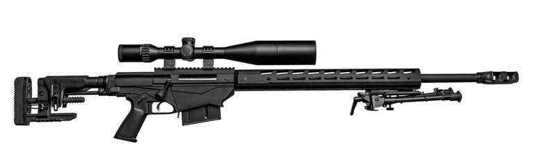 A high-precision sniper rifle with a scope, bipod, and adjustable stock, engineered for accuracy in...