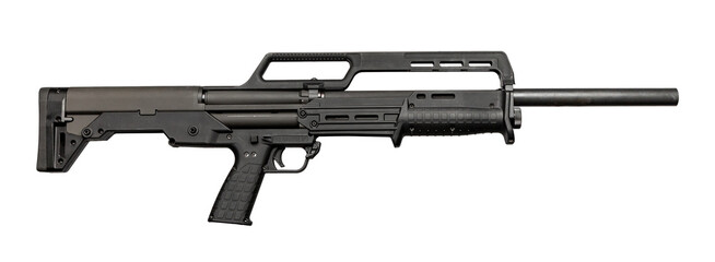 A sleek tactical shotgun with a modern bullpup design and dual tube magazines. Isolate on white...