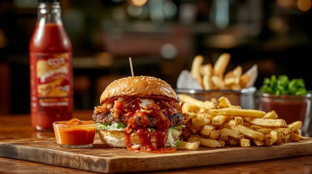 A delicious burger topped with rich sauce sits alongside crispy fries and a touch of ketchup. A perfect meal for food lovers to indulge in. Generative AI